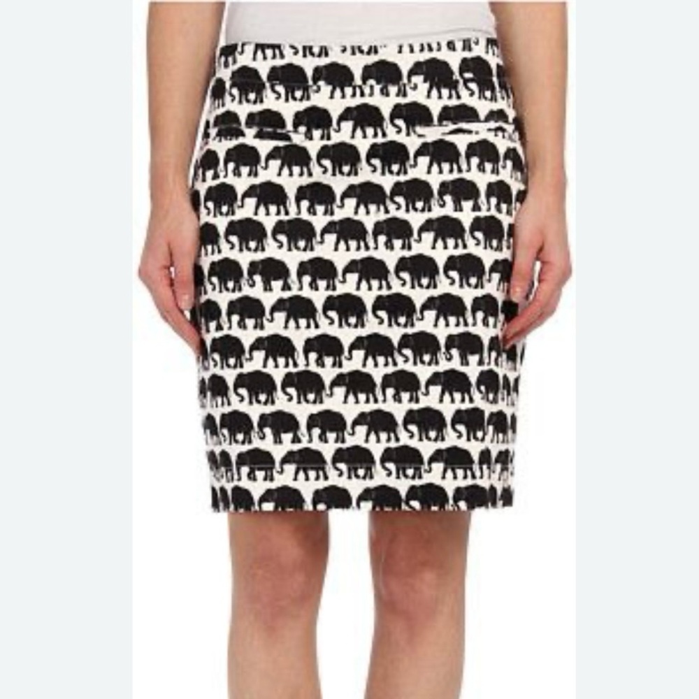Hatley Sateen Elephant Pencil Skirt Sz 8 Black & White Pockets Lined Artsy Boho